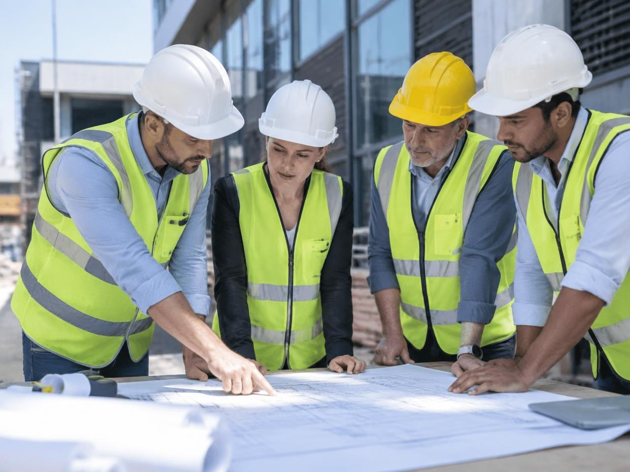Équipe URBANYX en tenue de chantier, en réunion devant des plans